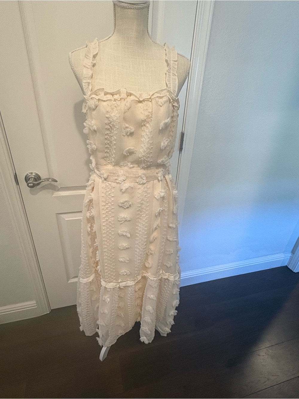 Textured Cream Midi Dress with Ruffle Straps